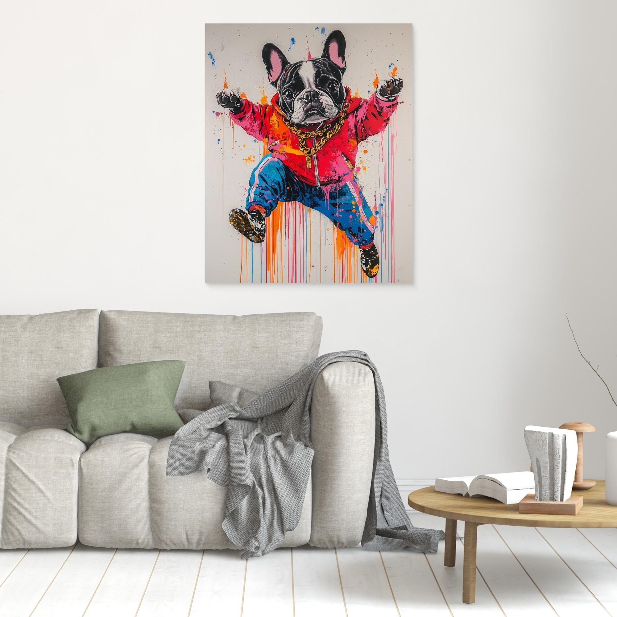 Frenchie Hip Hop Art - Canvas Wall Decor | Urban Dog Print - Framed Pop Art