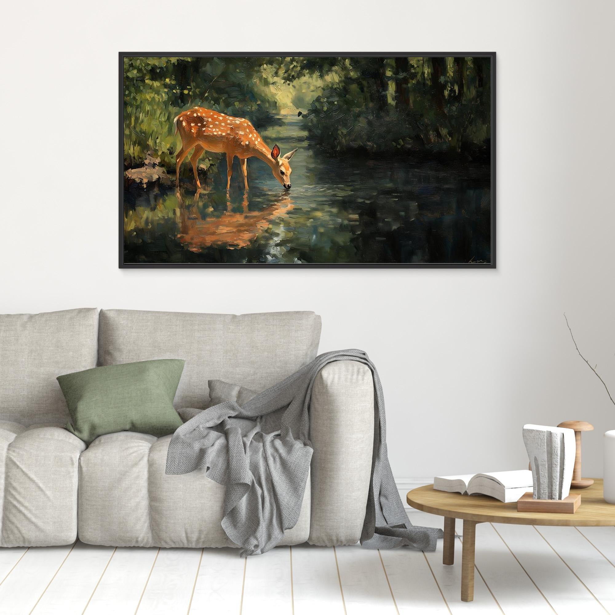 Tranquil Deer in Forest Stream Canvas Wall Art