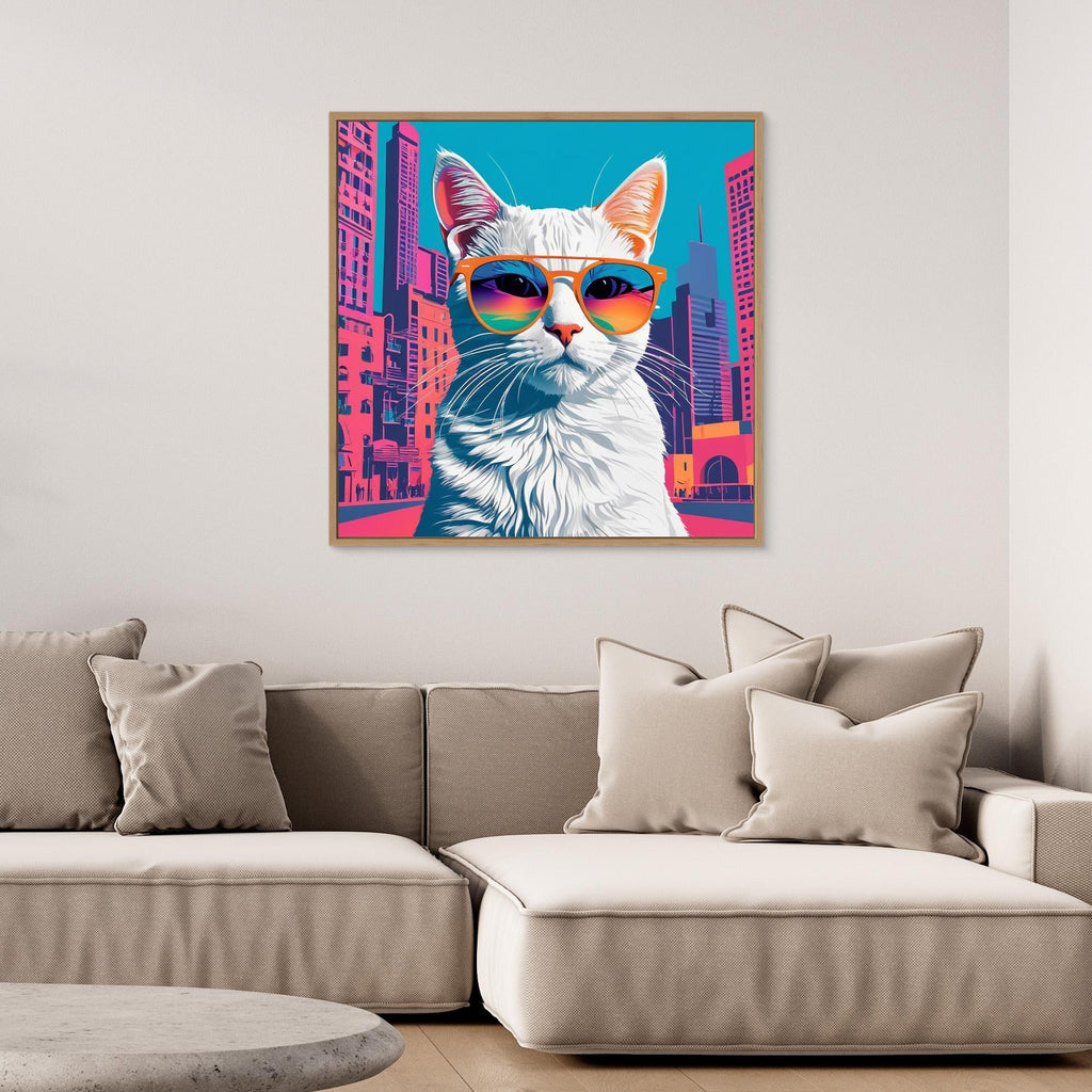 Cool White Cat in Sunglasses City Pop Art Canvas Print - Framed Pop Art