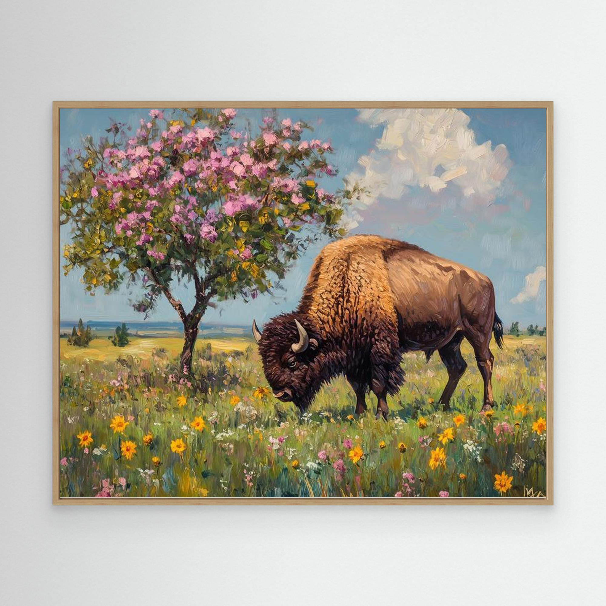 Bison in Spring Bloom Canvas Wall Art | Framed Animal Print - Framed Pop Art