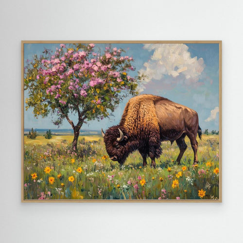 Bison in Spring Bloom Canvas Wall Art | Framed Animal Print - Framed Pop Art