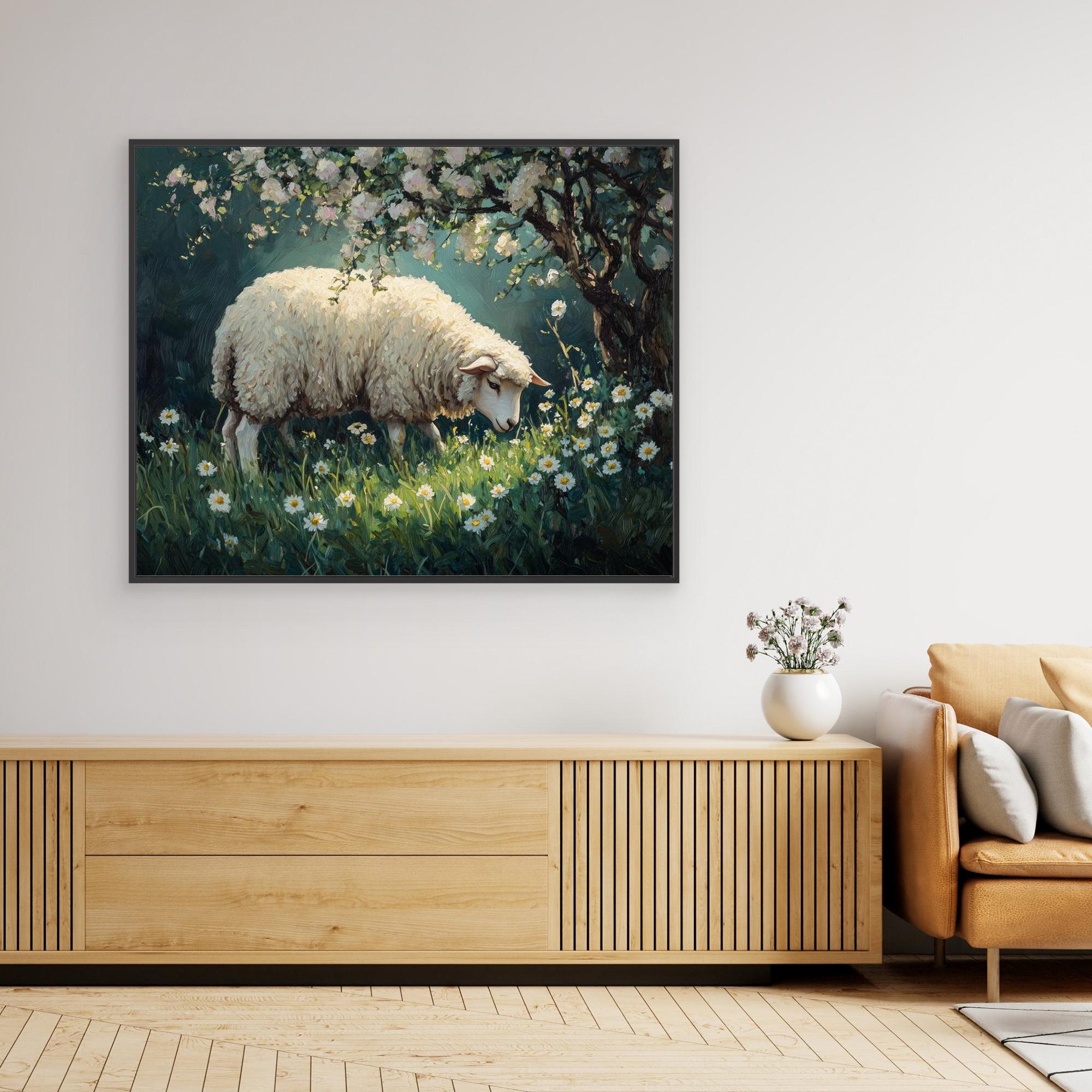 Sheep in Daisy Meadow Oil Painting Style Canvas Print - Framed Pop Art