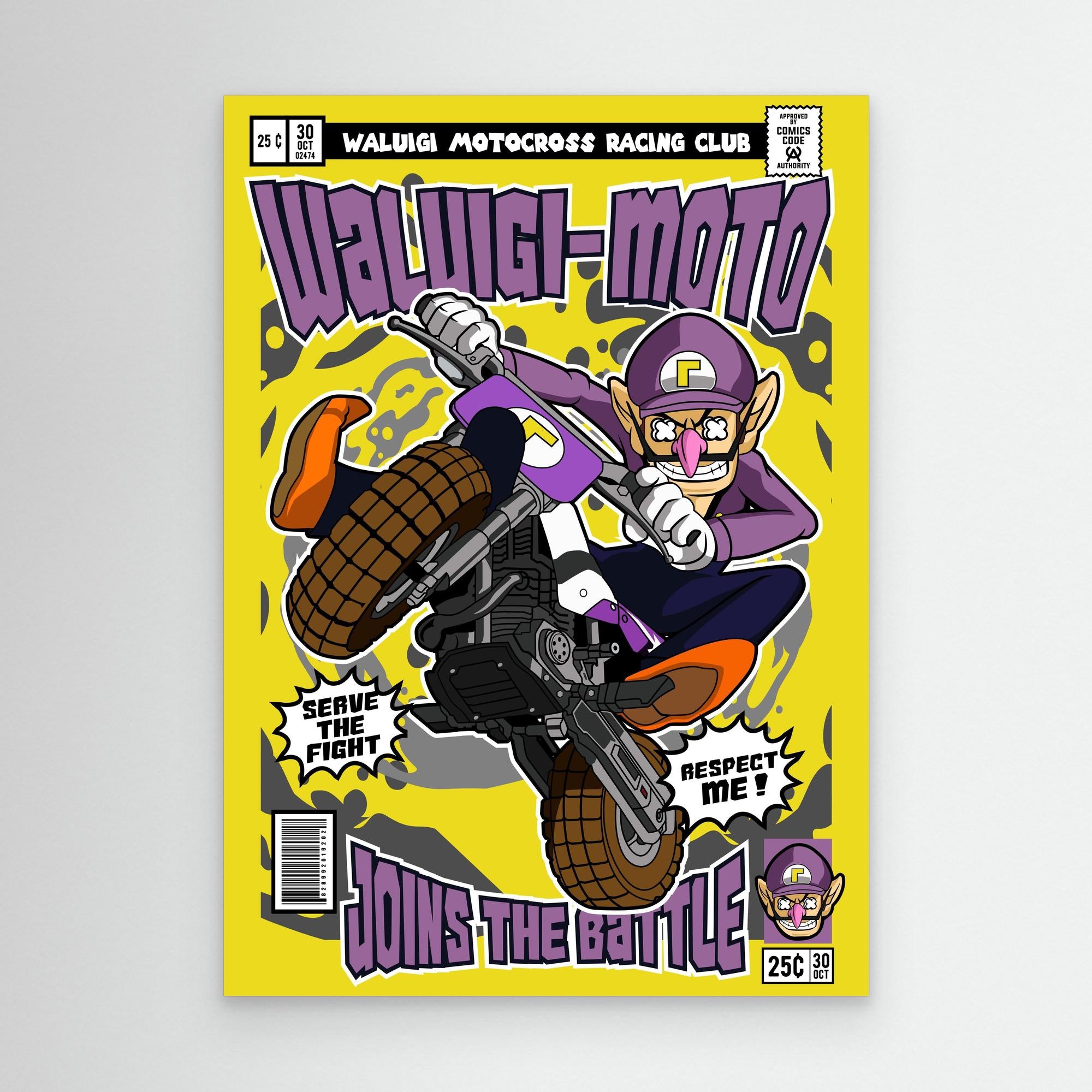 Waluigi Motocross Comic Poster | Gaming Room Wall Art - Framed Pop Art