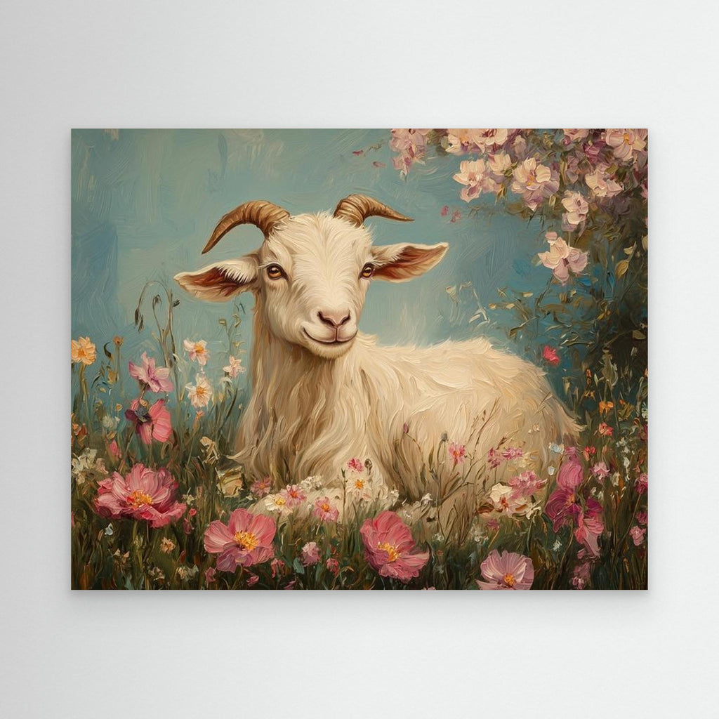 Whimsical Goat in Wildflowers Canvas Wall Art | Country Decor - Framed Pop Art