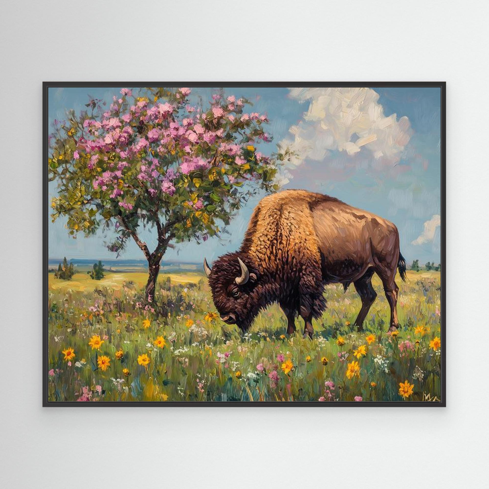 Bison in Spring Bloom Canvas Wall Art | Framed Animal Print - Framed Pop Art