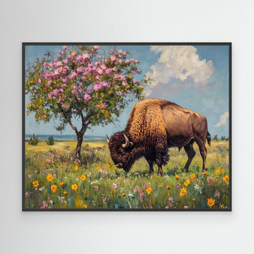 Bison in Spring Bloom Canvas Wall Art | Framed Animal Print - Framed Pop Art