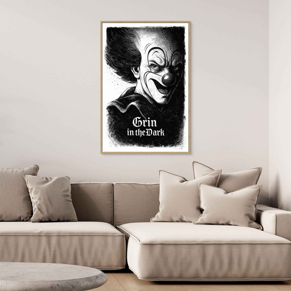 Grin in the Dark Creepy Clown Canvas - Framed Pop Art