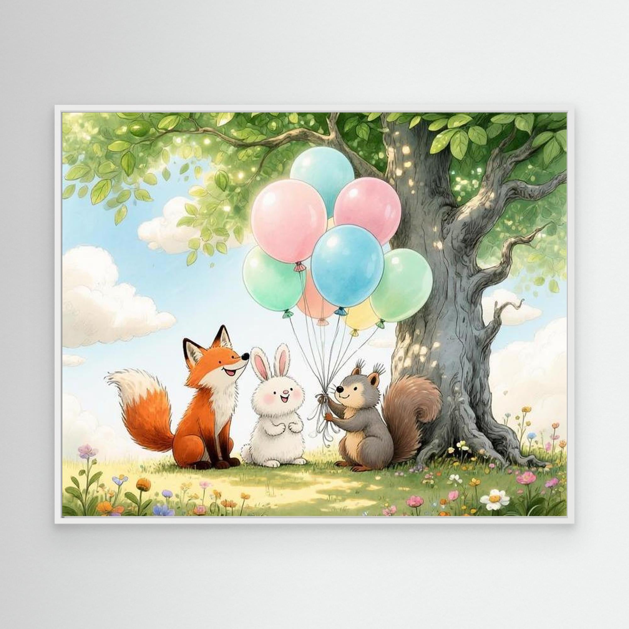 Woodland Animals Balloon Nursery Canvas Wall Art Print - Framed Pop Art