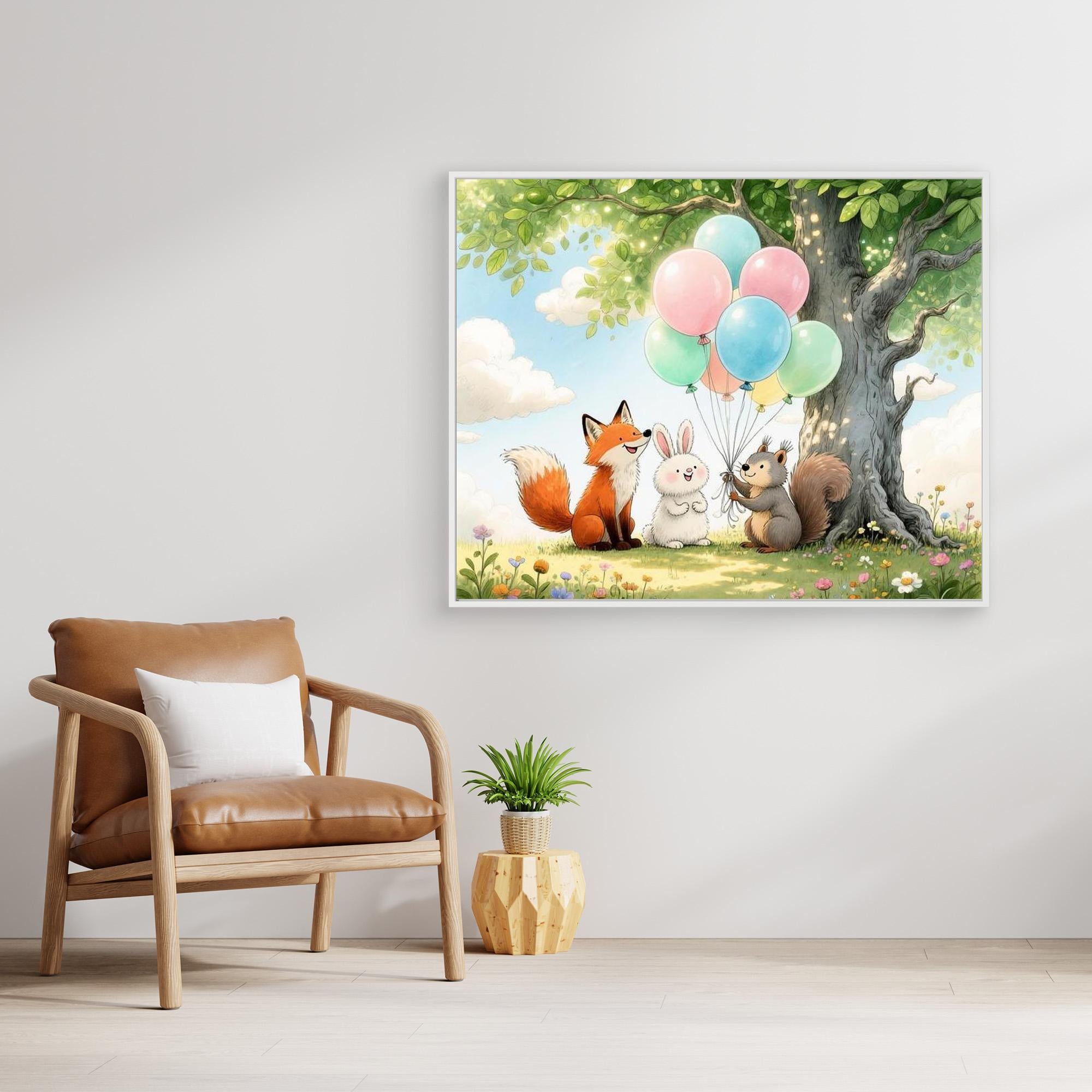 Woodland Animals Balloon Nursery Canvas Wall Art Print - Framed Pop Art