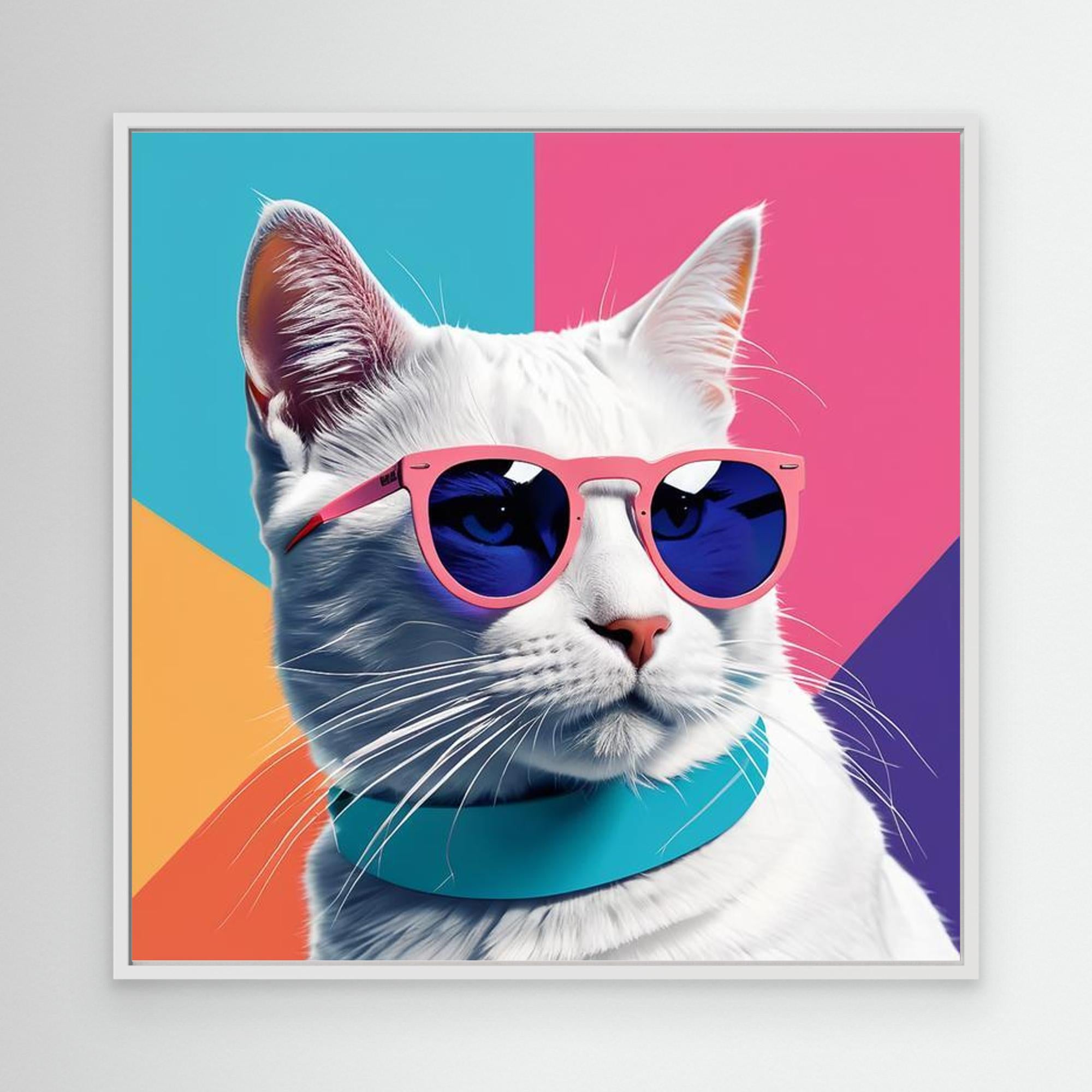 Cool White Cat in Pink Sunglasses Canvas Wall Art - Framed Pop Art