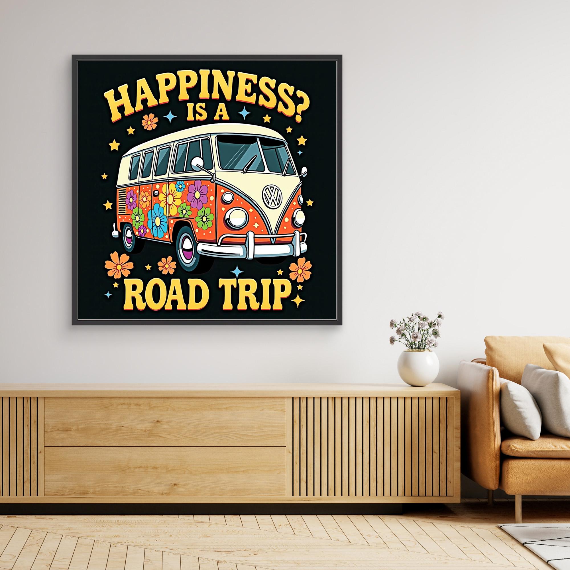 Happiness Is A Road Trip VW Bus Canvas Art | Retro Wall Decor - Framed Pop Art