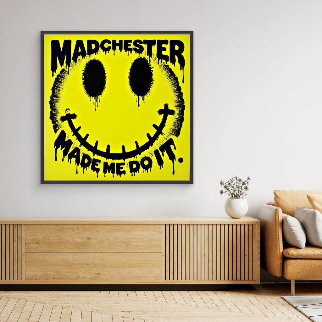 Madchester Made Me Do It | Retro Smiley Face Canvas Wall Art - Framed Pop Art