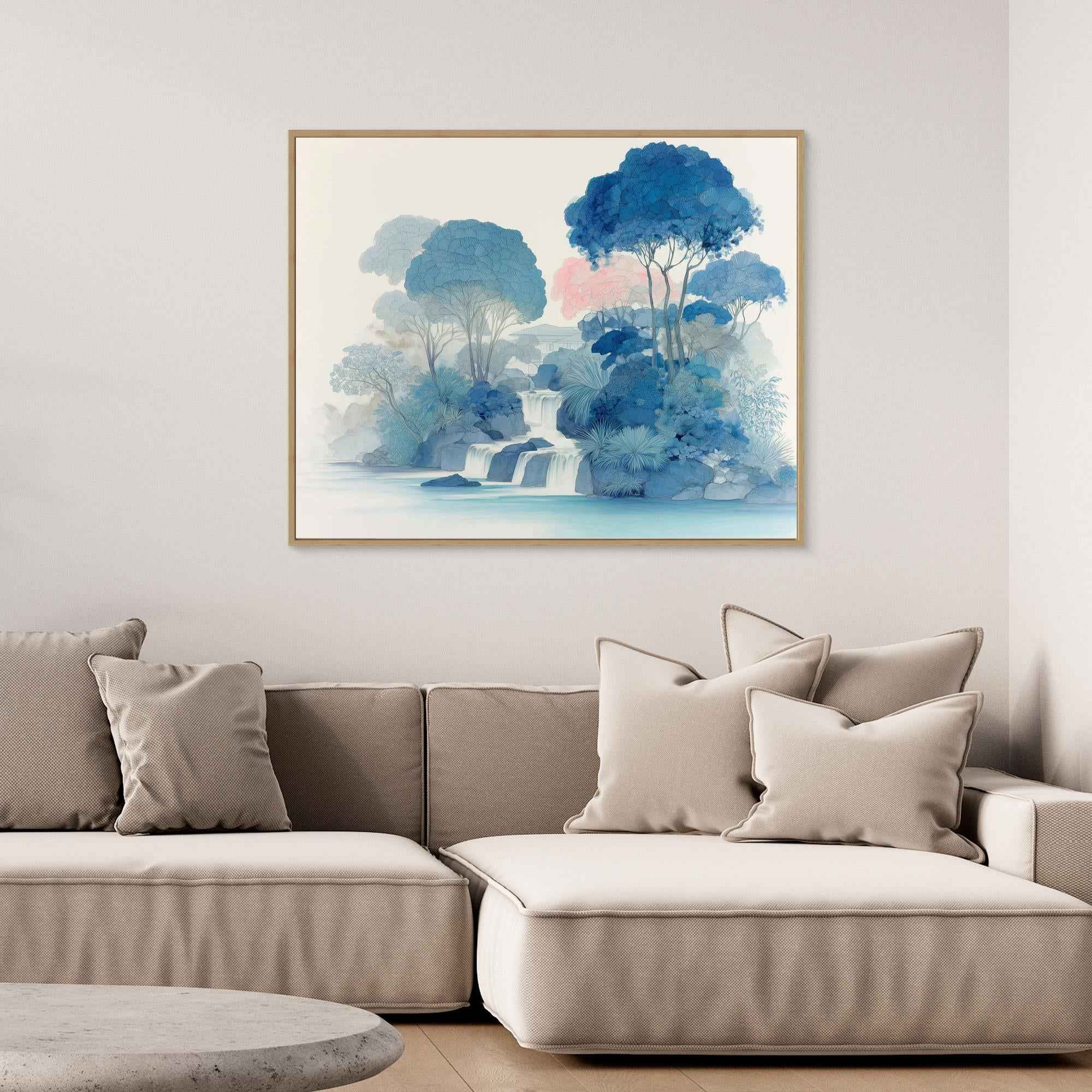 Blue Waterfall Forest Canvas Wall Art Print - Framed Pop Art