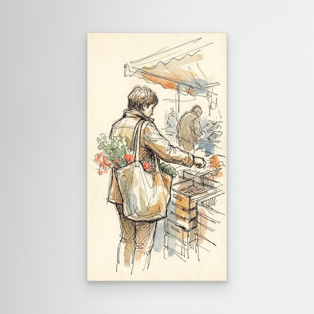 European Market Scene Framed Canvas Wall Art | Sketch Style - Framed Pop Art