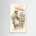 European Market Scene Framed Canvas Wall Art | Sketch Style - Framed Pop Art