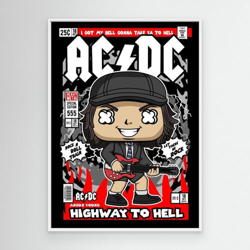 AC/DC Angus Young Comic Style Framed Canvas Art | Rock Decor - Framed Pop Art