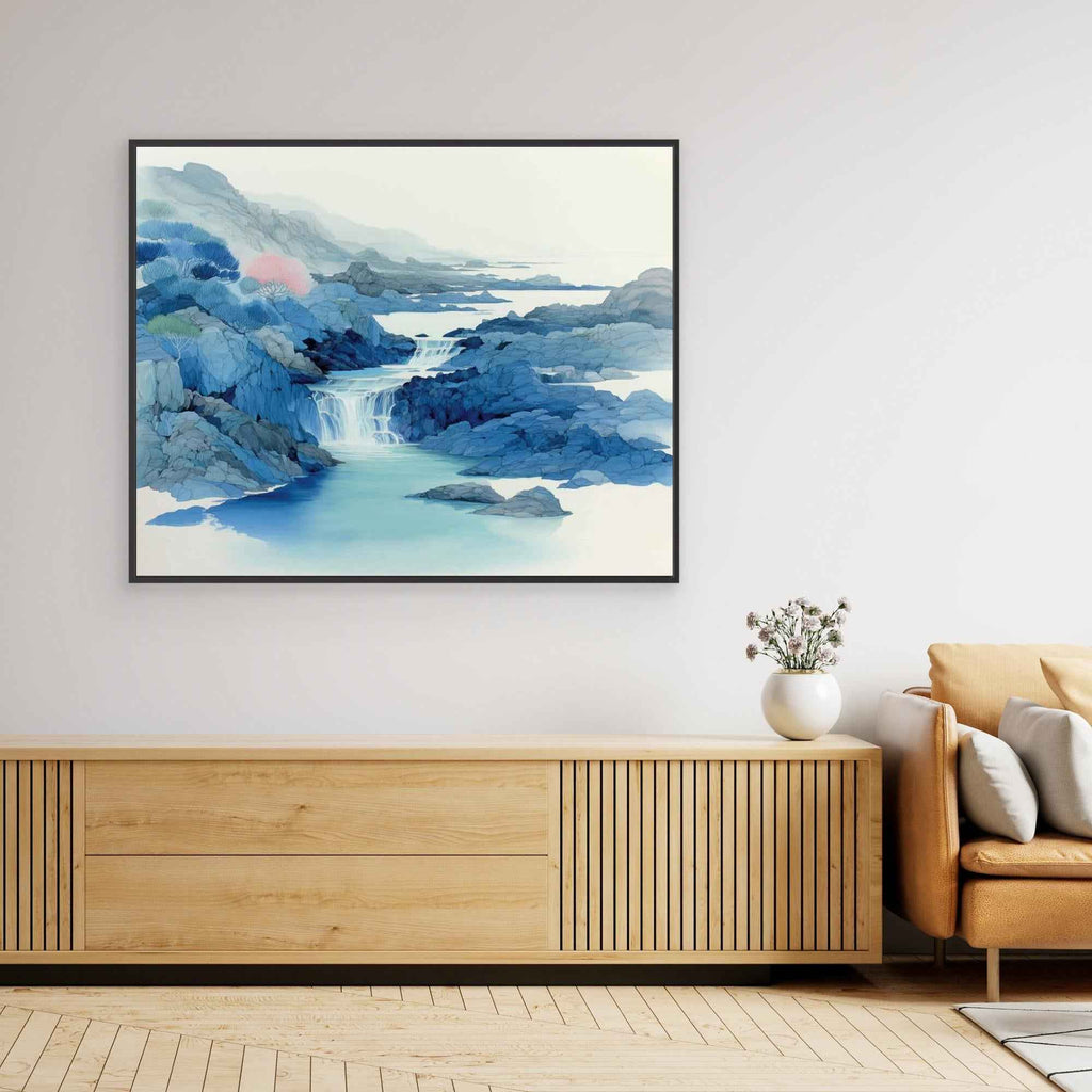 Calm Blue Waterfall Framed Canvas Wall Art - Framed Pop Art