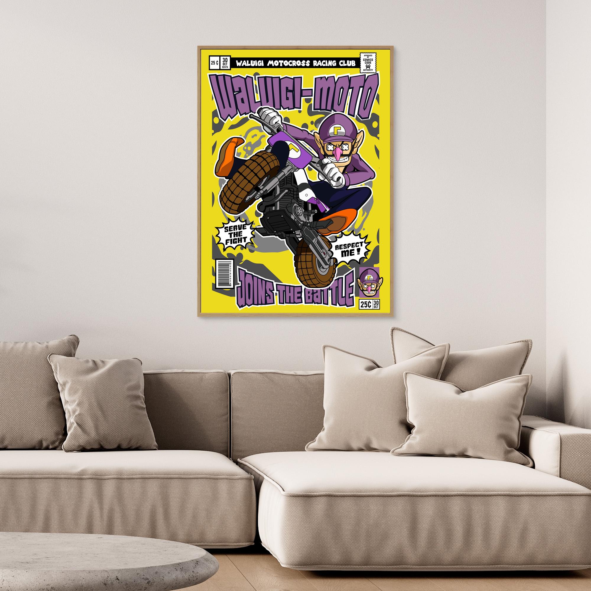 Waluigi Motocross Comic Poster | Gaming Room Wall Art - Framed Pop Art