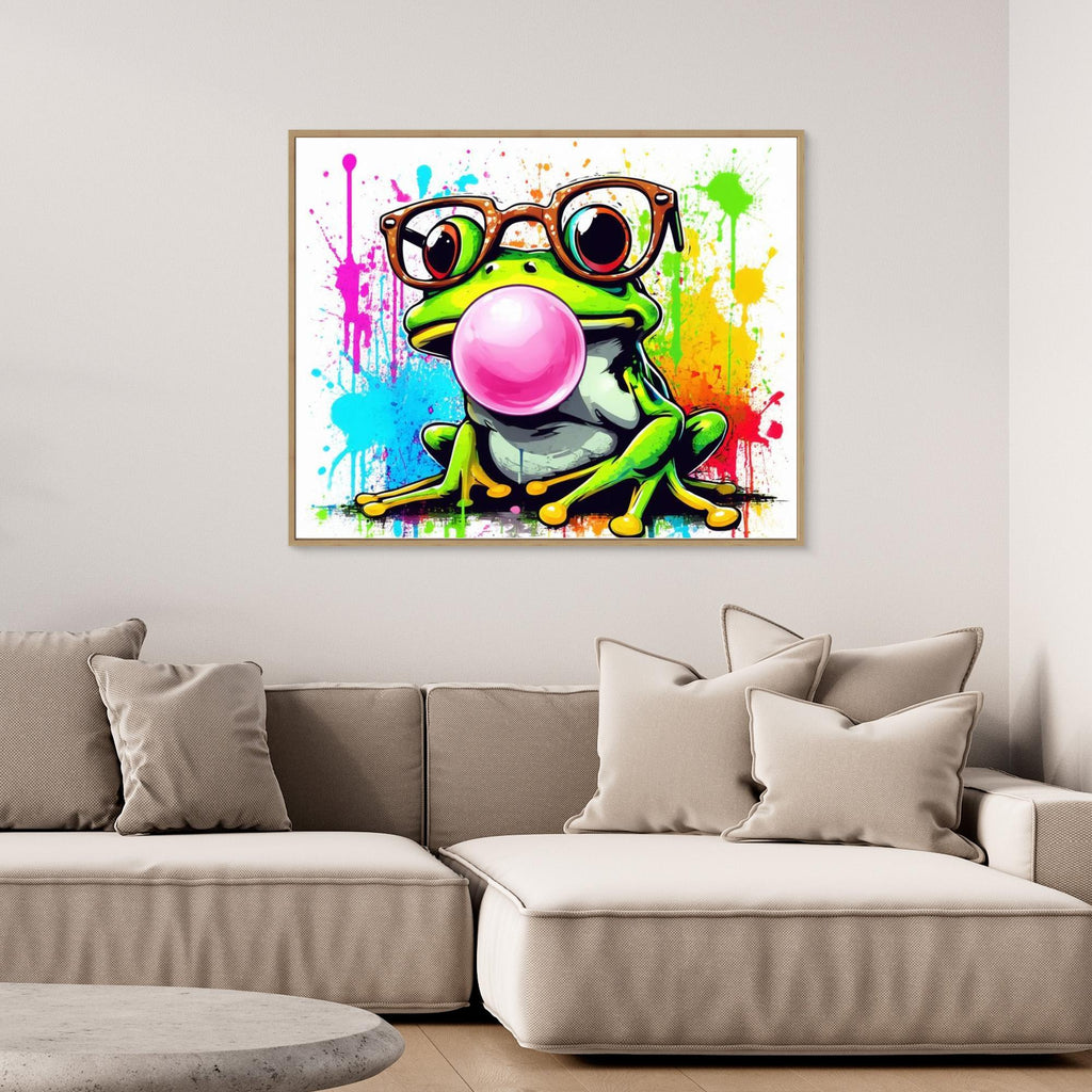 Colorful Frog Wall Art - Nerdy Frog with Glasses Canvas - Framed Pop Art