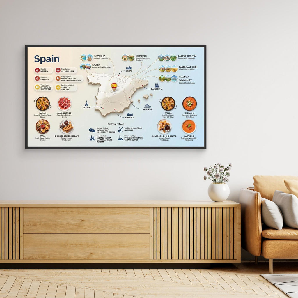 Spain Travel Map Print – Modern Home Office Wall Art
