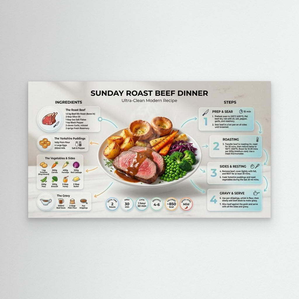 Sunday Roast Recipe Infographic – Kitchen Wall Art Print - Framed Pop Art