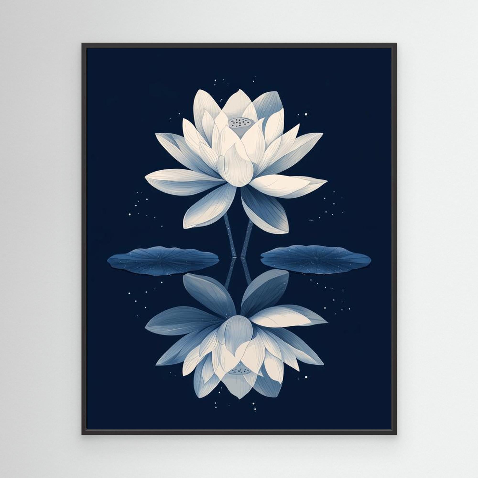 Navy Blue Lotus Flower Mirror Art Print | Zen Wall Decor - Framed Pop Art