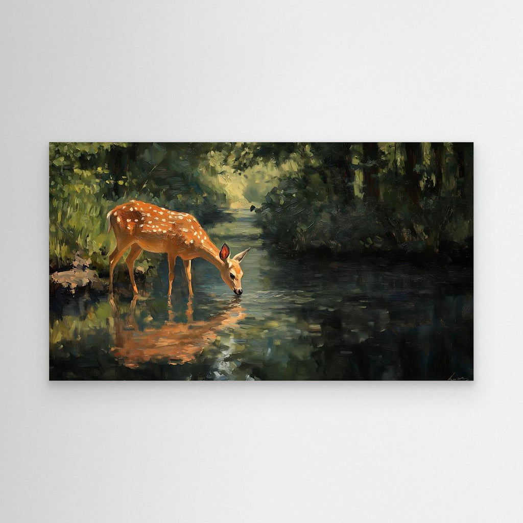 Tranquil Deer in Forest Stream Canvas Wall Art - Framed Pop Art