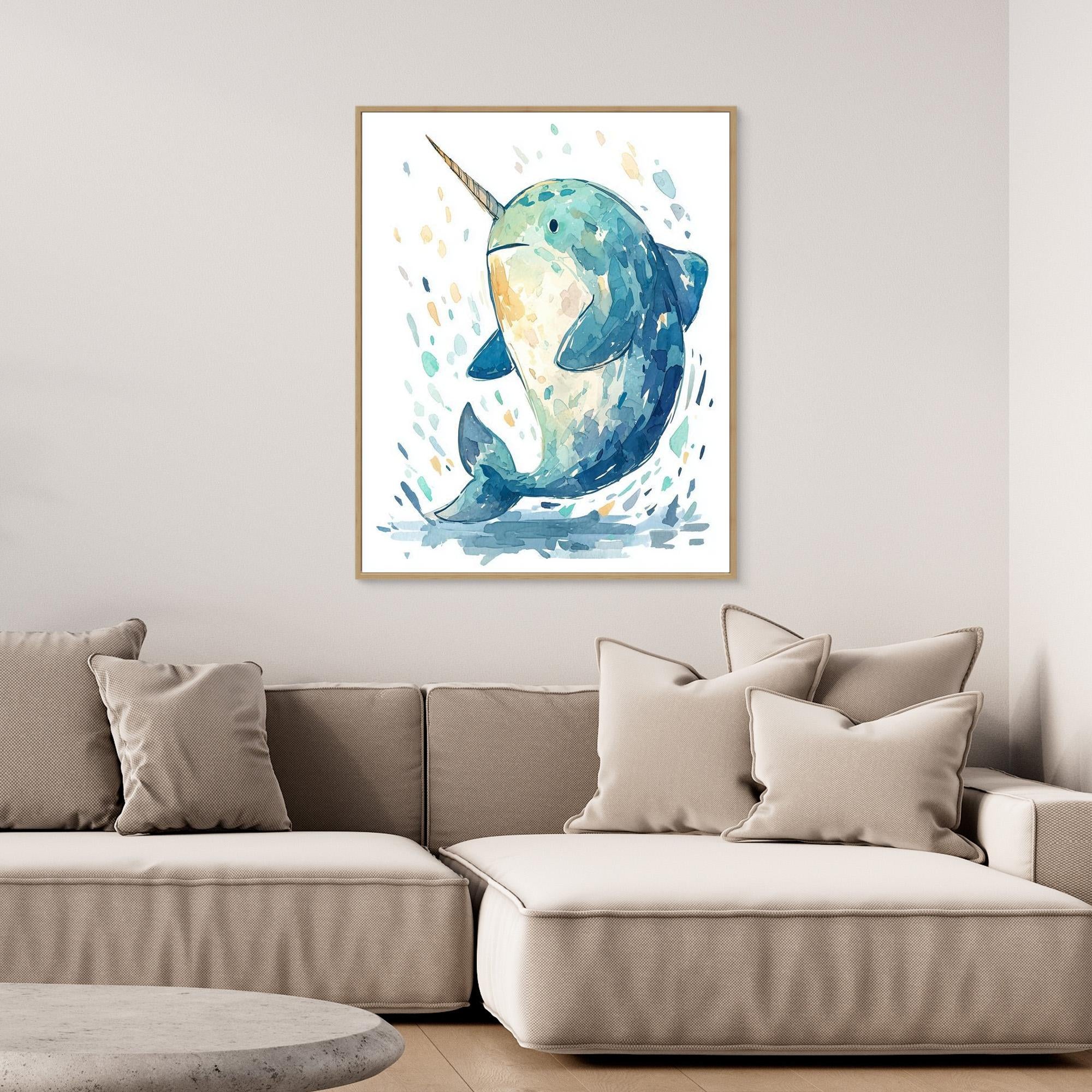Whimsical Watercolor Narwhal Wall Art | Cute Nursery Print - Framed Pop Art