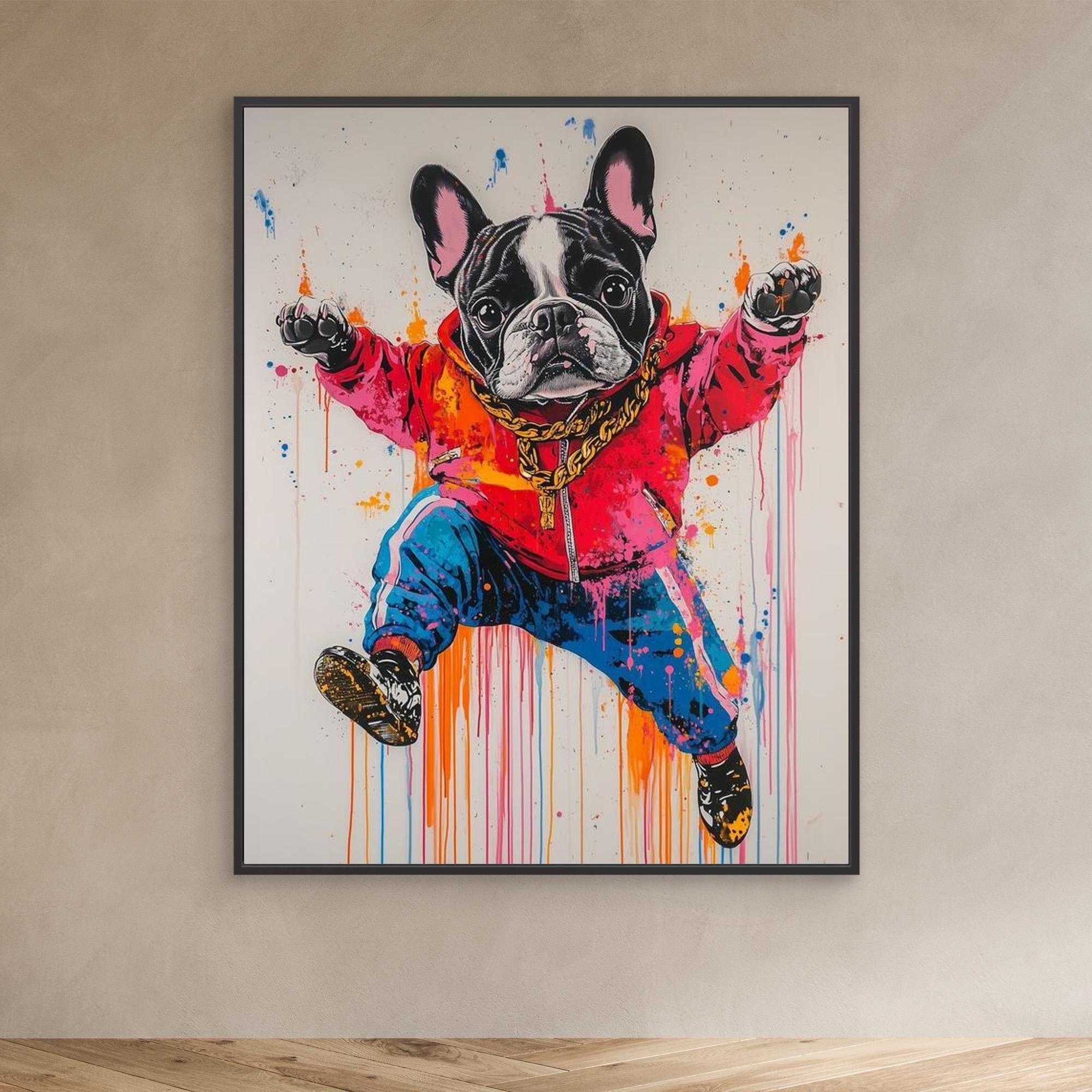 Frenchie Hip Hop Art - Canvas Wall Decor | Urban Dog Print - Framed Pop Art