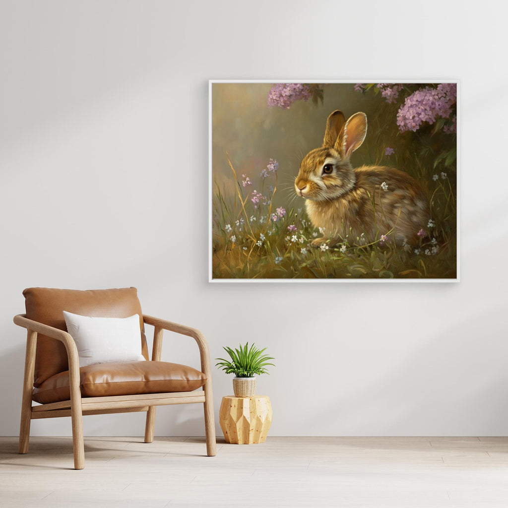 Brown Rabbit & Wildflowers Canvas Wall Art | Country Nursery - Framed Pop Art
