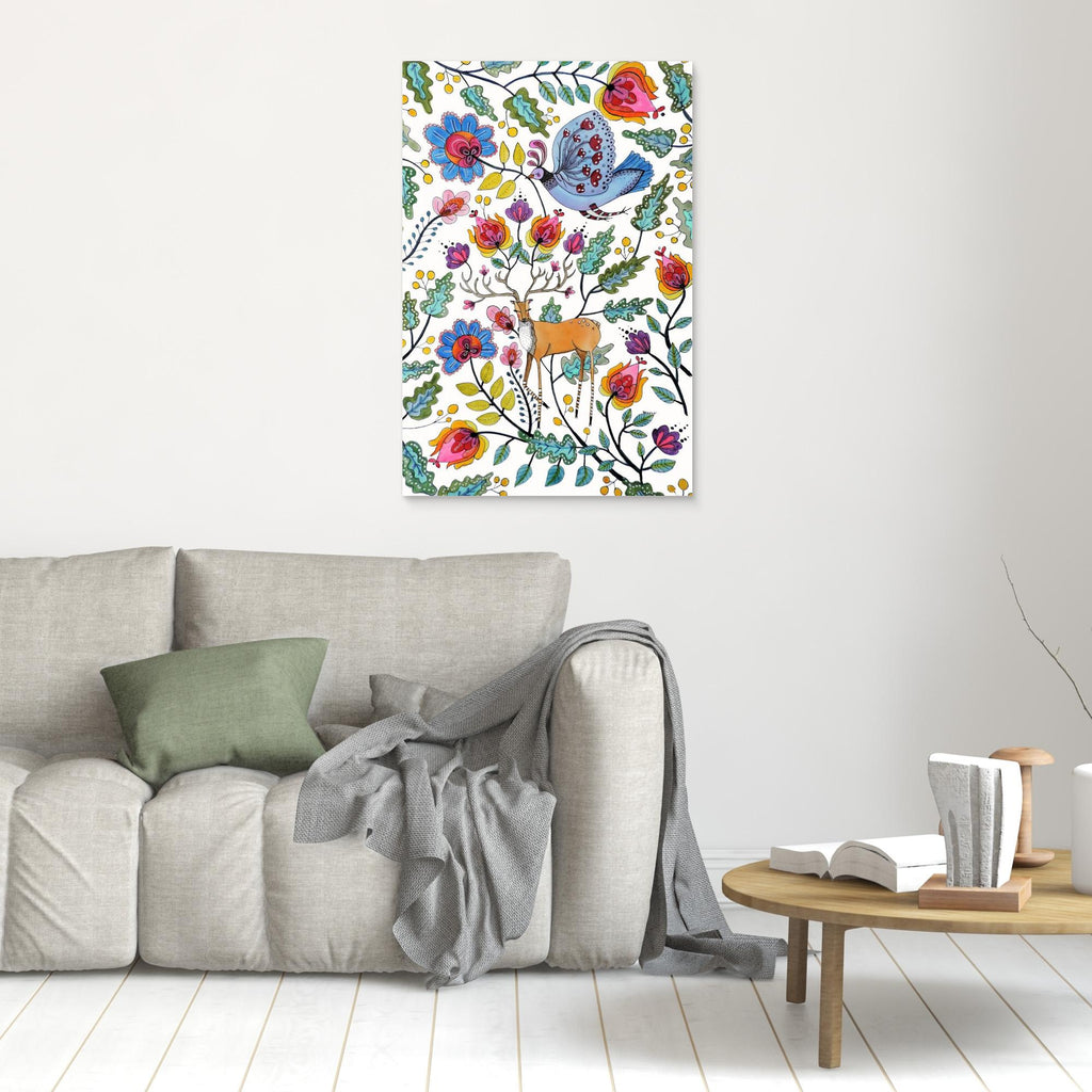 Hallway Wall Art – Whimsical Folk Deer & Botanical Canvas Print - Framed Pop Art