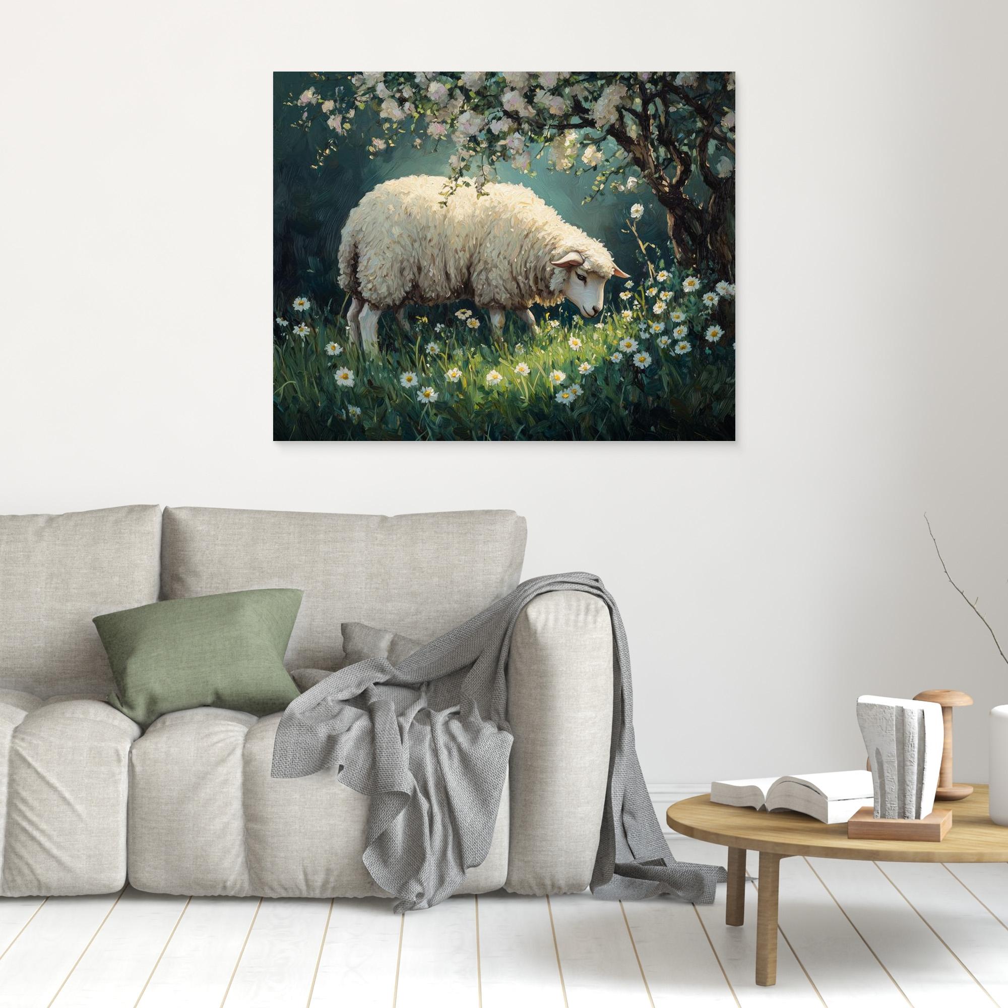 Sheep in Daisy Meadow Oil Painting Style Canvas Print - Framed Pop Art