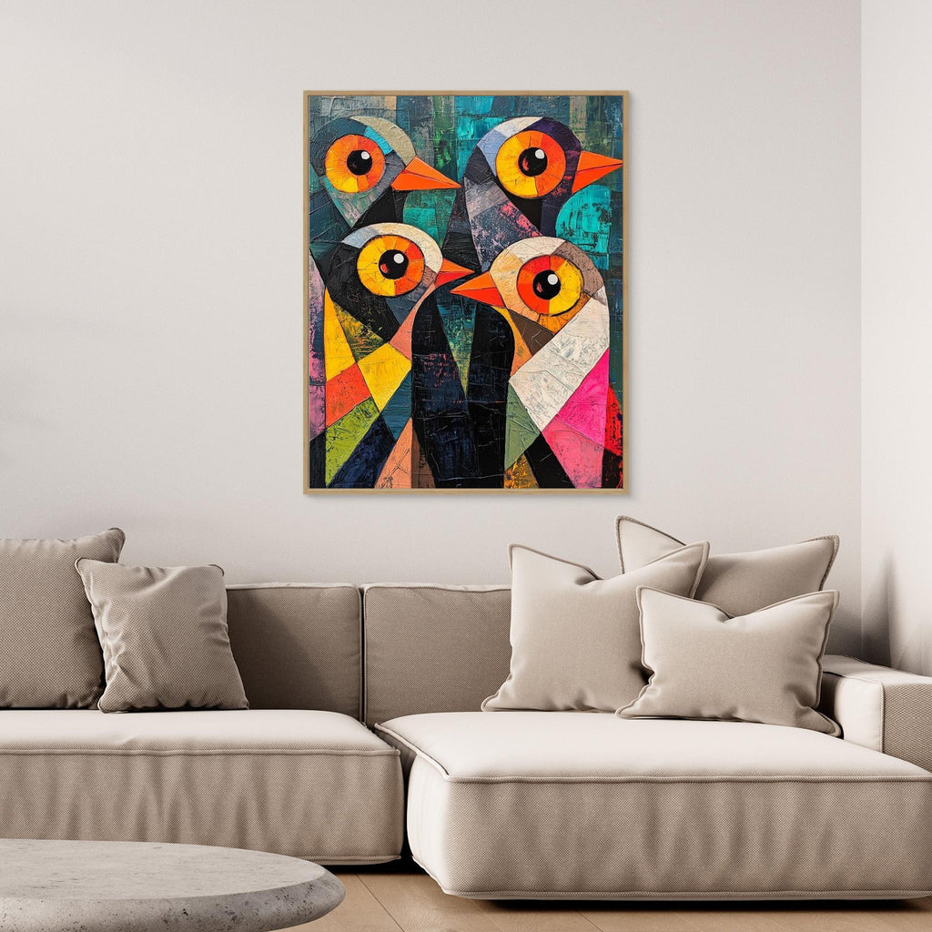 Abstract Bird Family Canvas Print | Vibrant Geometric Wall Art - Framed Pop Art