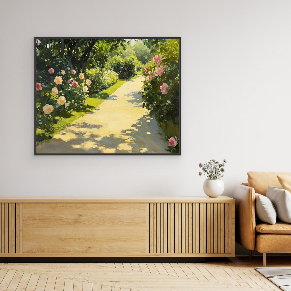 Sunlit Garden Path Canvas Art - Romantic Floral Bedroom Decor - Framed Pop Art