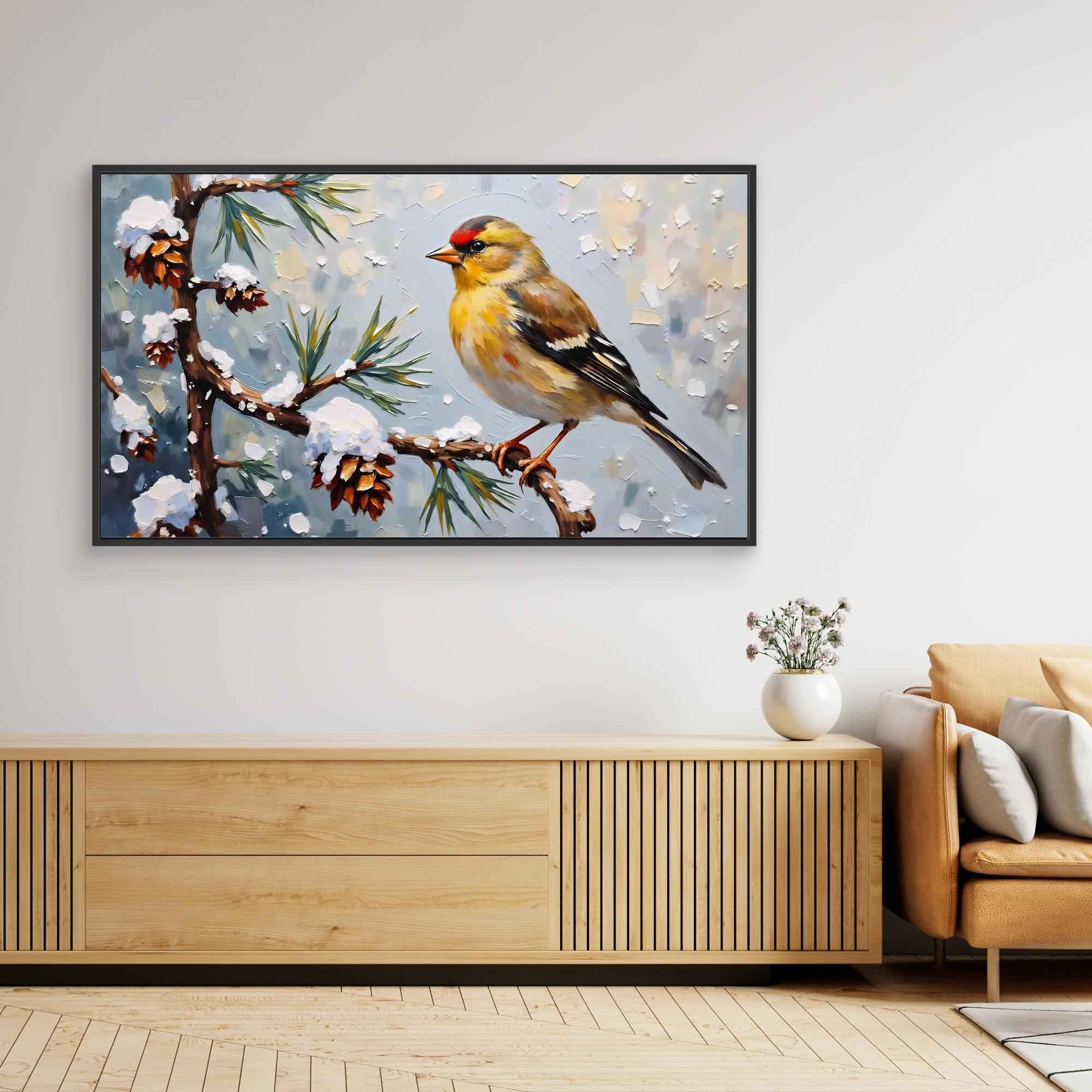 Winter Goldfinch Bird Canvas Wall Art - Framed Pop Art