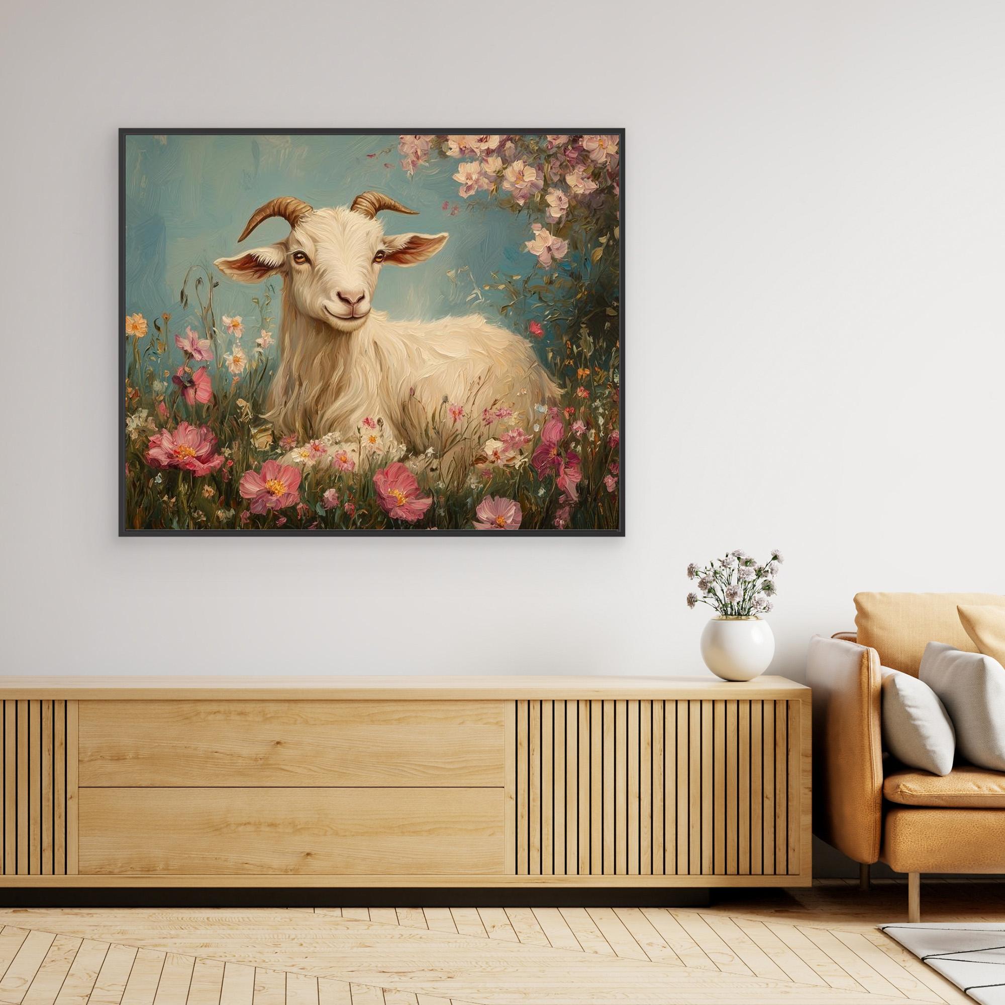 Whimsical Goat in Wildflowers Canvas Wall Art | Country Decor - Framed Pop Art