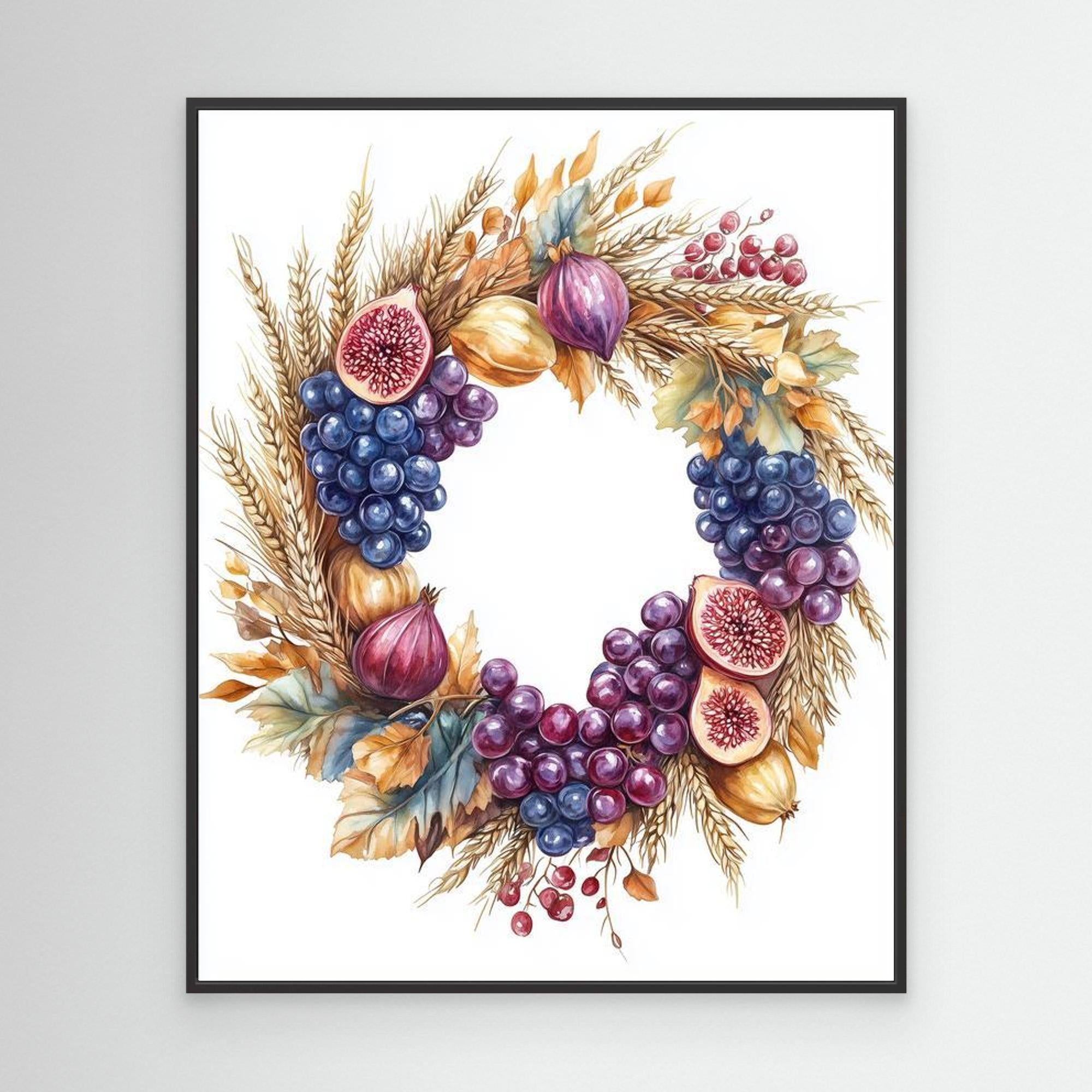 Autumn Harvest Wreath Art Print | Fig & Grape Wall Decor