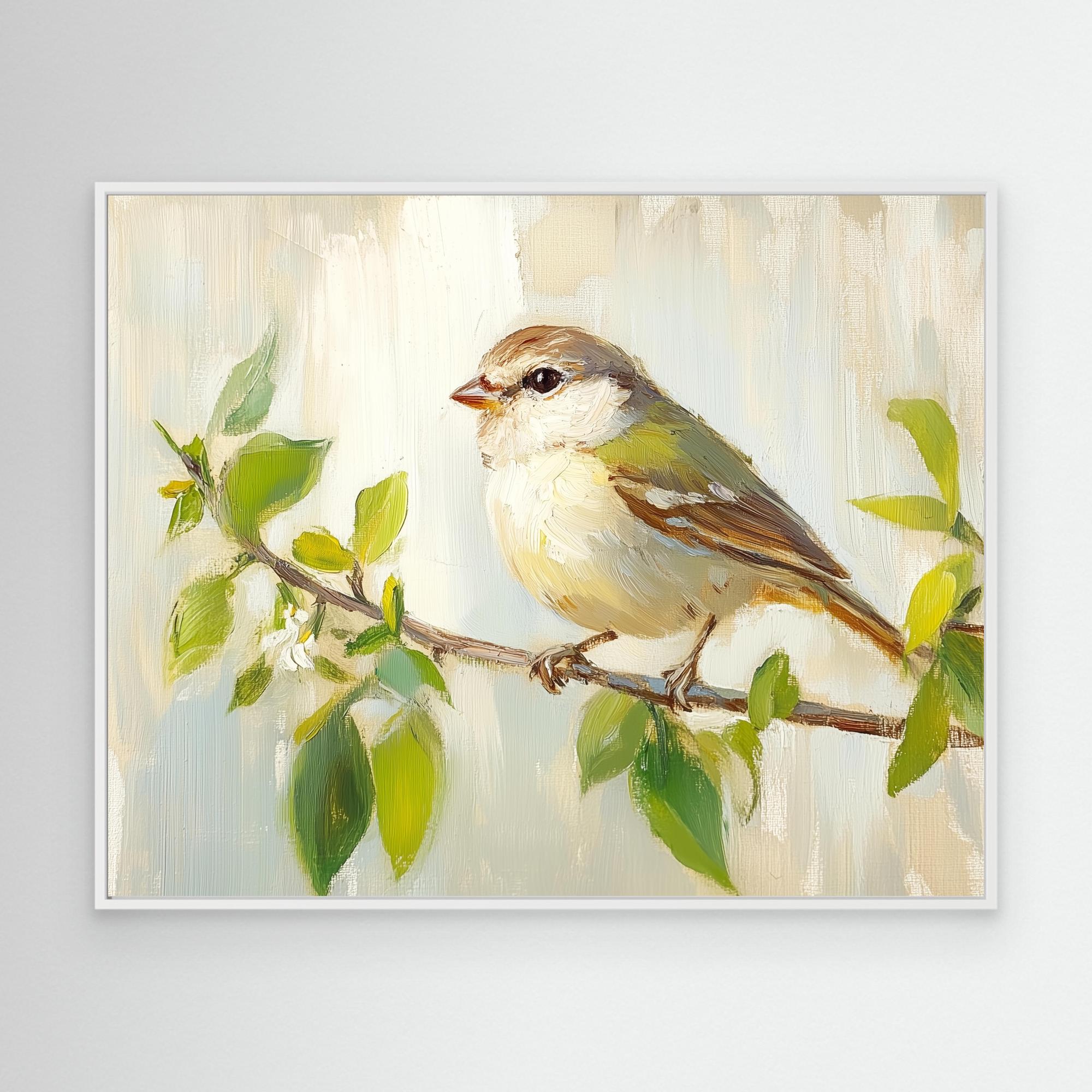 Bird on Branch Oil Painting | Nursery Wall Art Decor - Framed Pop Art