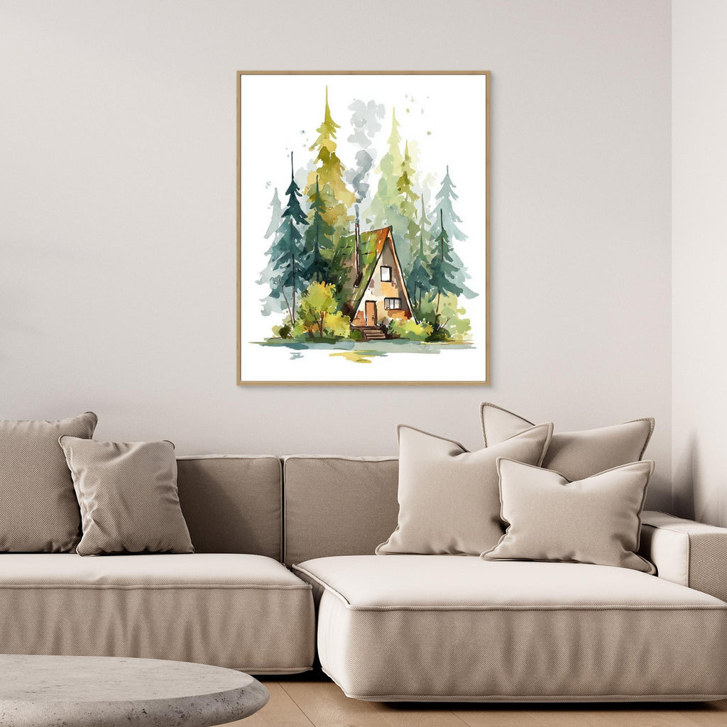 Cozy A-Frame Forest Cabin Watercolour Art | Woodland Nursery - Framed Pop Art