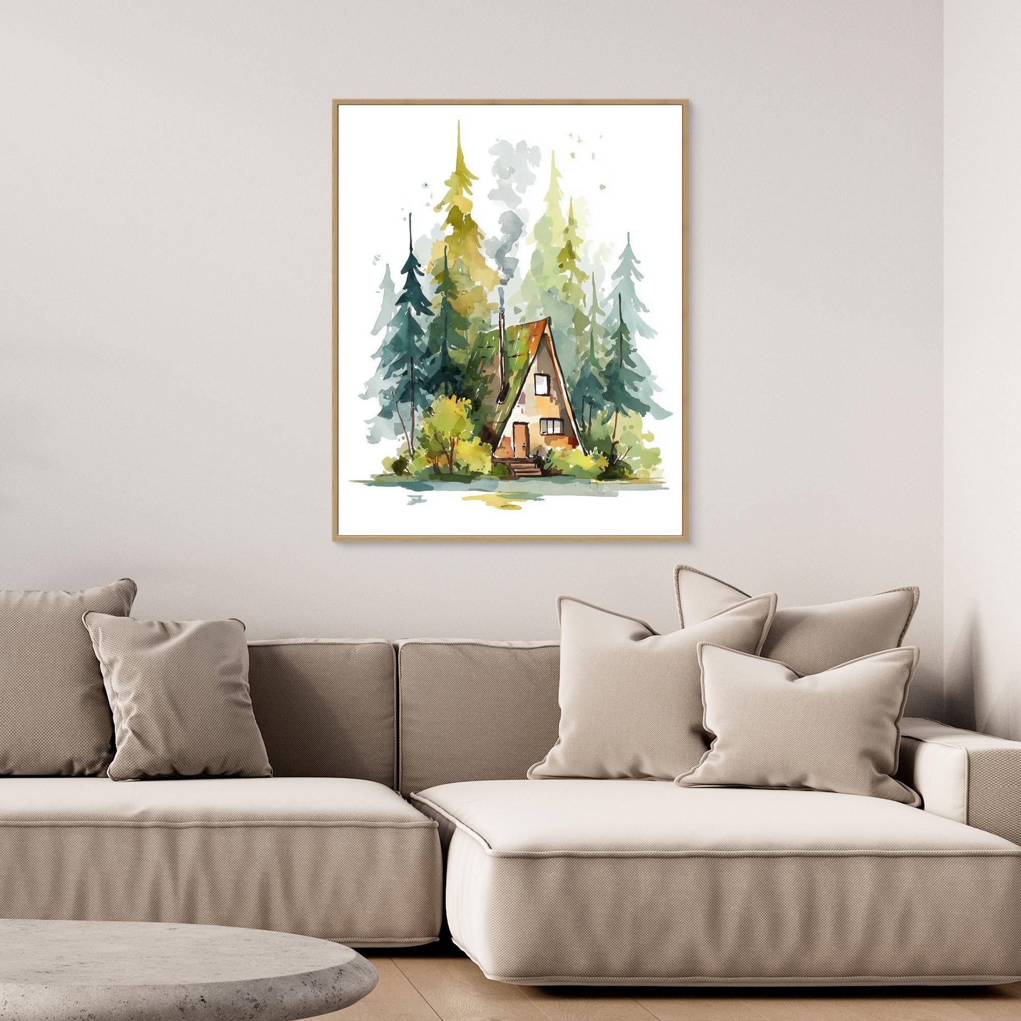 Cozy A-Frame Forest Cabin Watercolour Art | Woodland Nursery - Framed Pop Art
