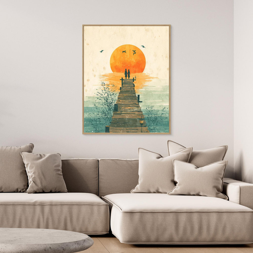 Romantic Lakeside Sunset Pier Framed Canvas Print Art - Framed Pop Art