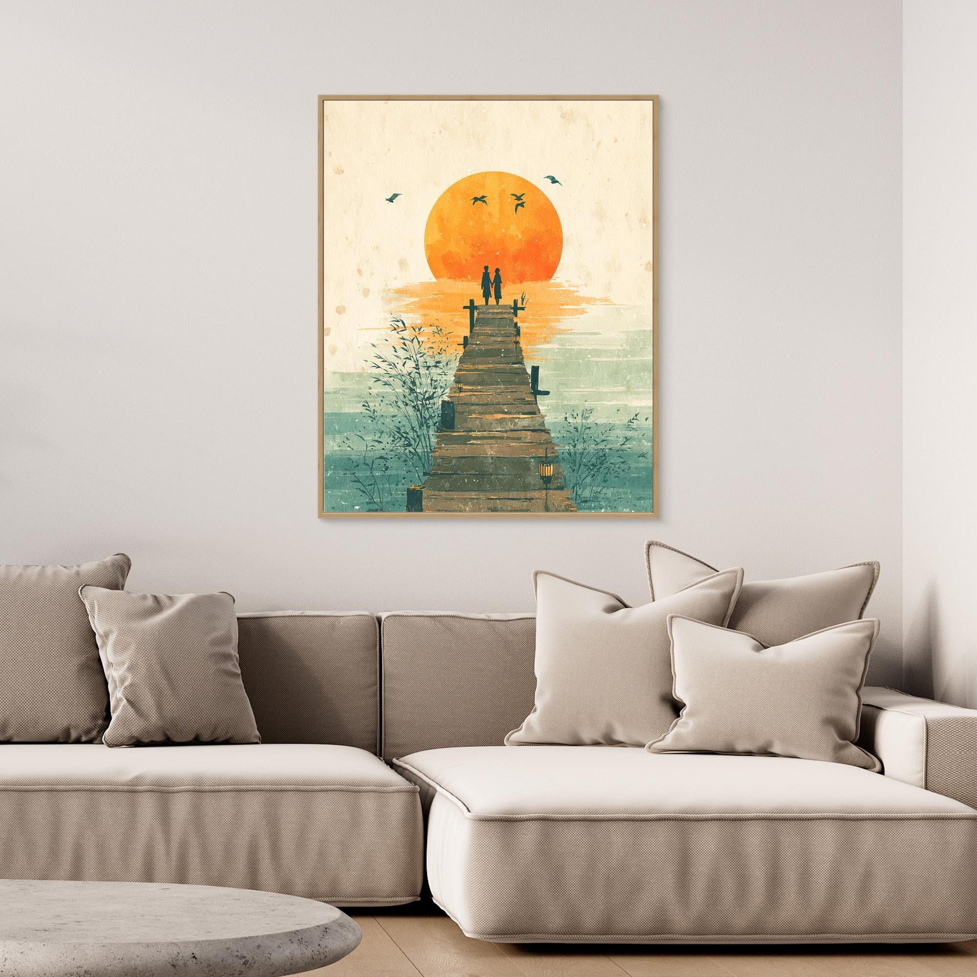 Romantic Lakeside Sunset Pier Framed Canvas Print Art - Framed Pop Art