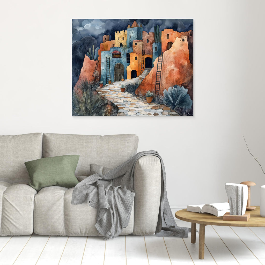 Desert Village Watercolour Canvas Print for Hallway Decor - Framed Pop Art